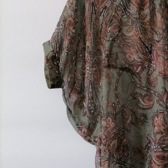 Blue Bird Women's See Through Floral Green Brown Top Size Small S Batwing Sleeve - Picture 3 of 8